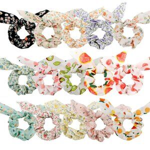 Hair Scrunchies - 15 Pcs Floral & Fruit Print Ribbon Bow Elastic Ponytail Holder